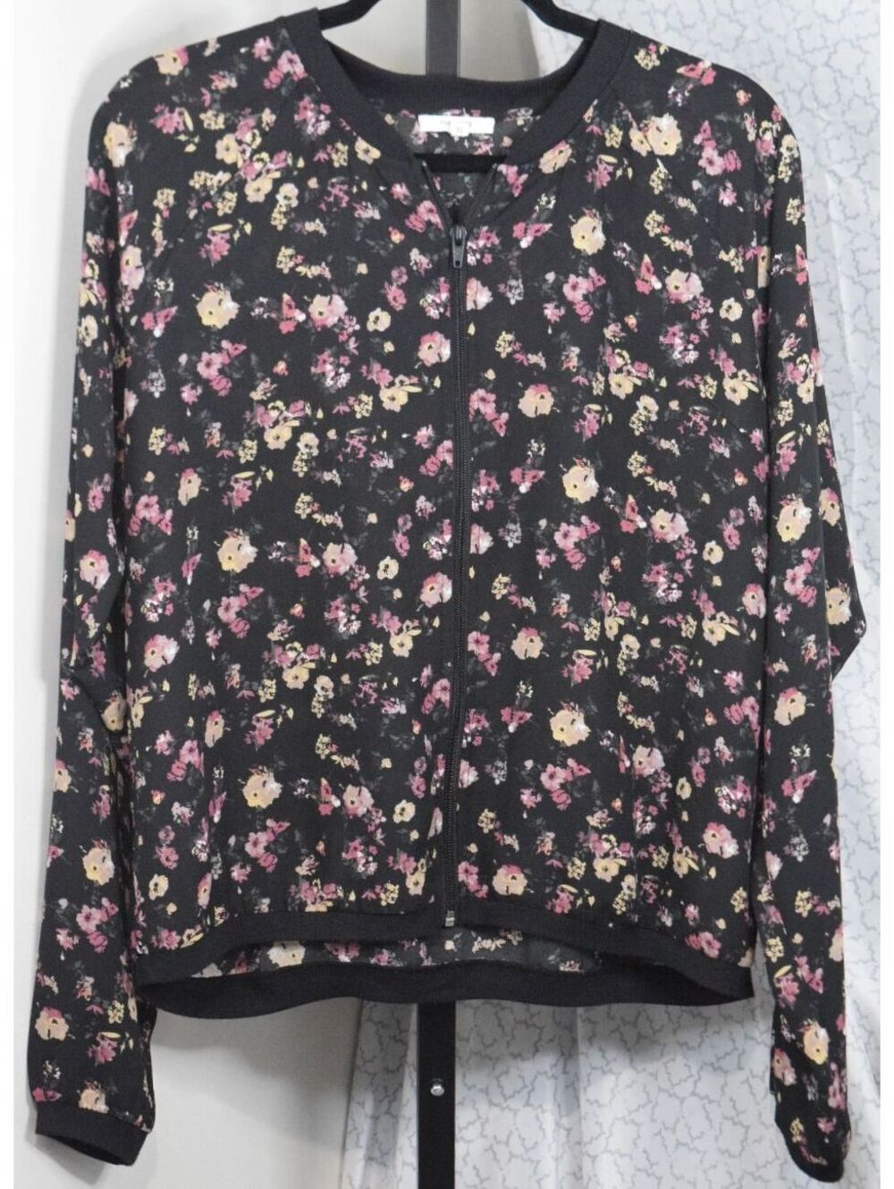 Maurices Floral Print Lightweight Bomber Jacket Black Pink Zip Up Womens Size XL